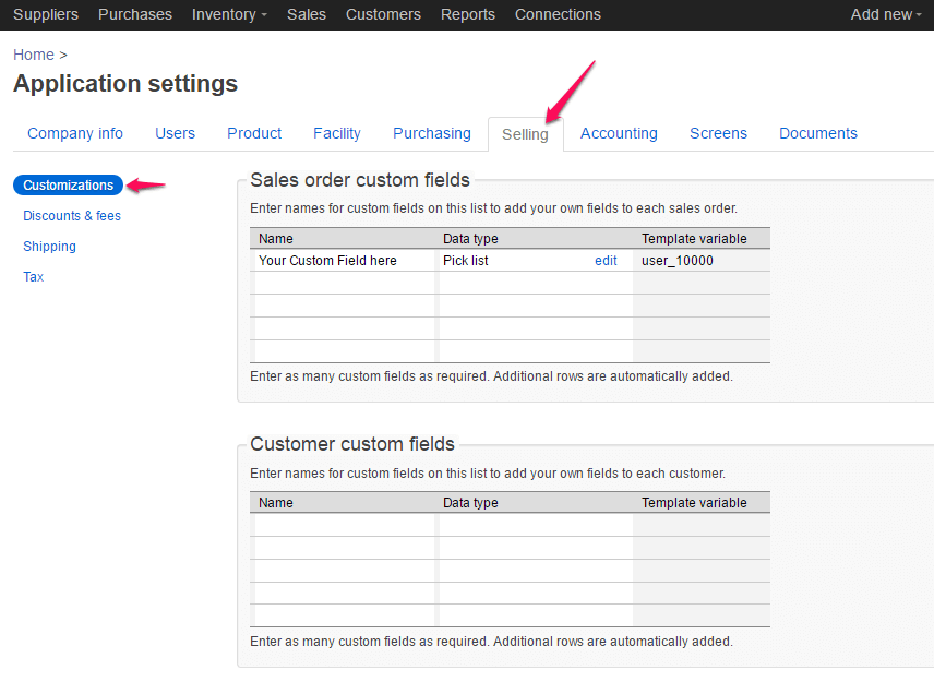 Appication Settings>Selling Tab