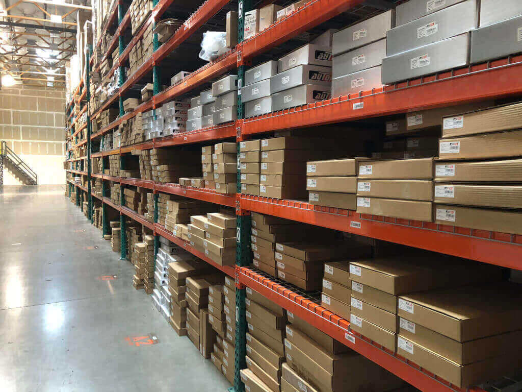 shelves of inventory in warehouse