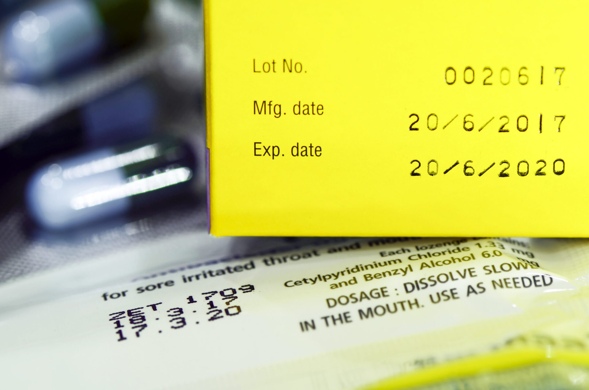 Manufacturing date and expiry date. Manufacturing date and expiry date on some pharmaceutical packaging.