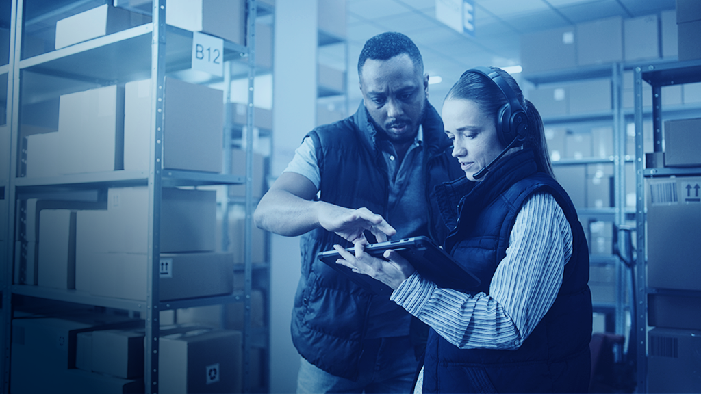 Workers in a warehouse using inventory management software together