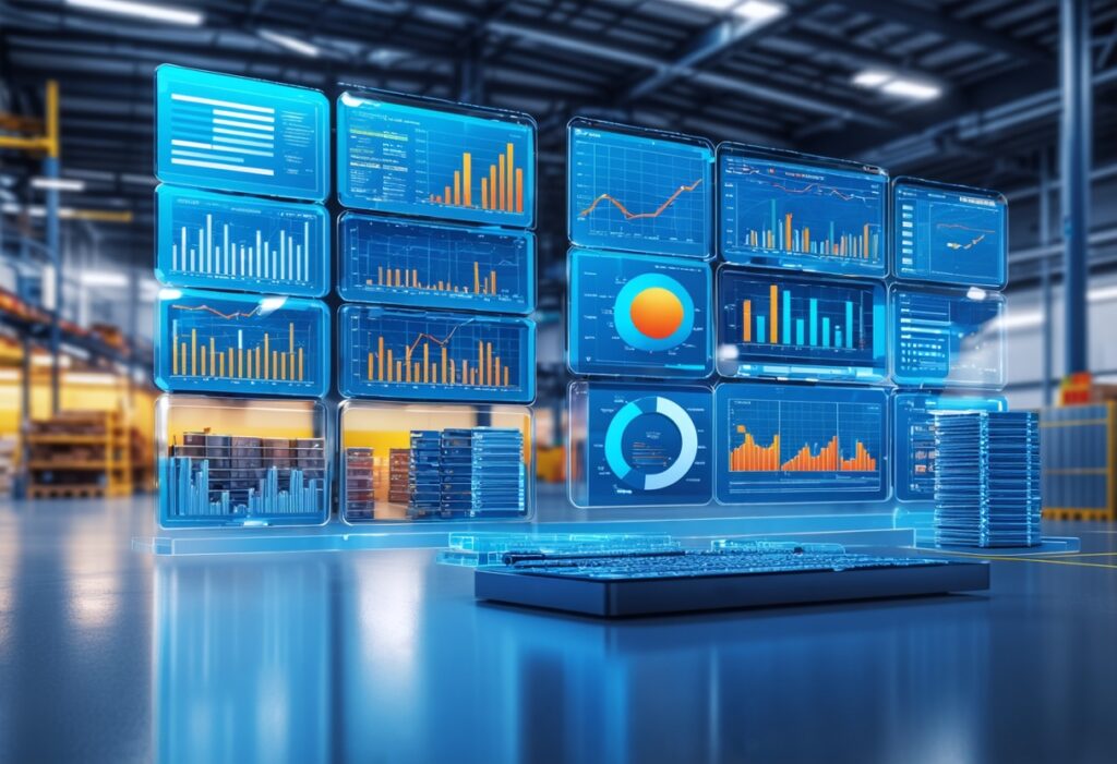 projection of holographic software dashboard in a warehouse setting.