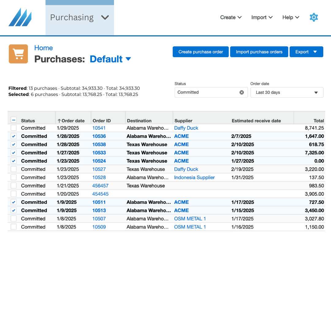 Purchases screen Purchases screen