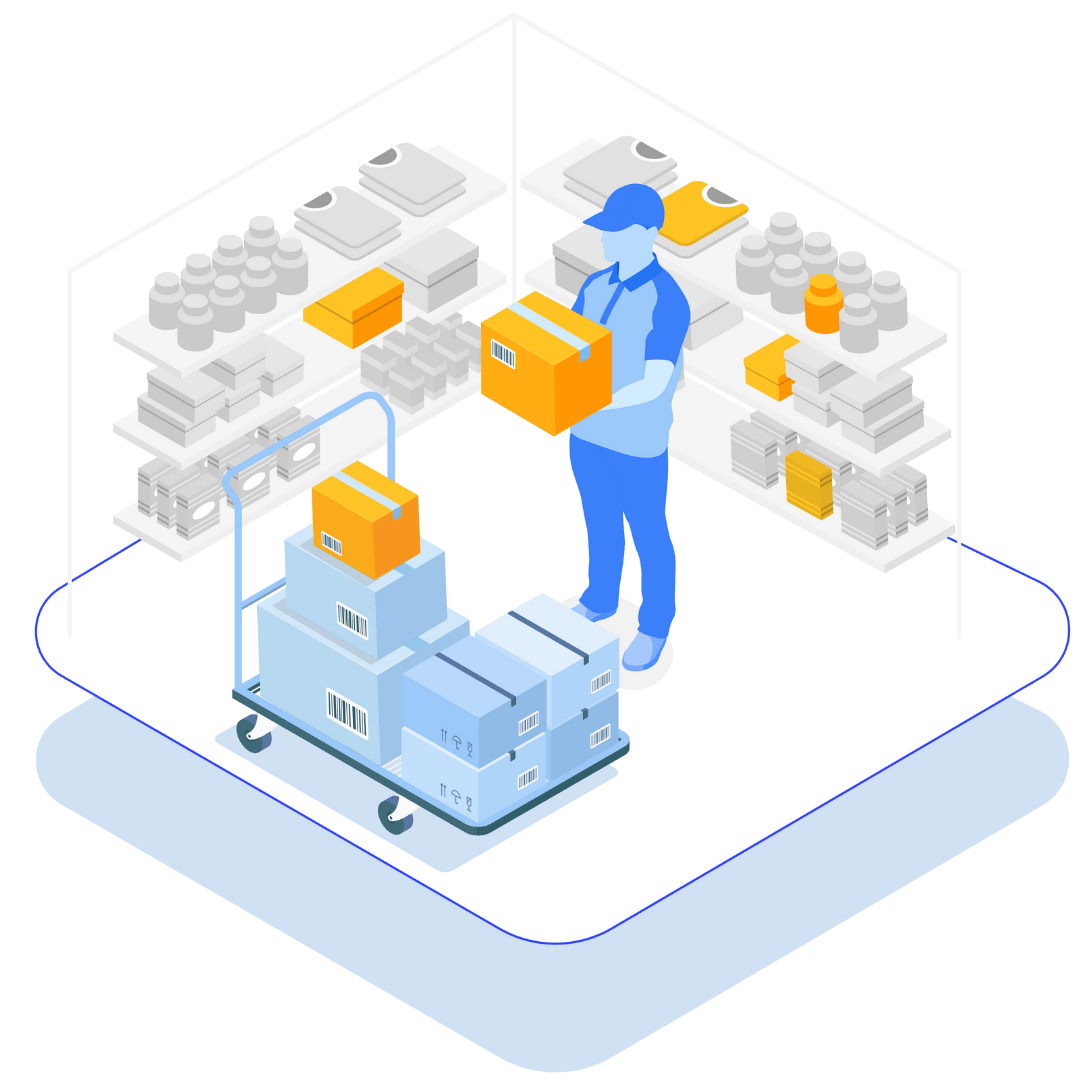 Order Management, warehouse worker holding box moving from cart to shelf Order Management, warehouse worker holding box moving from cart to shelf