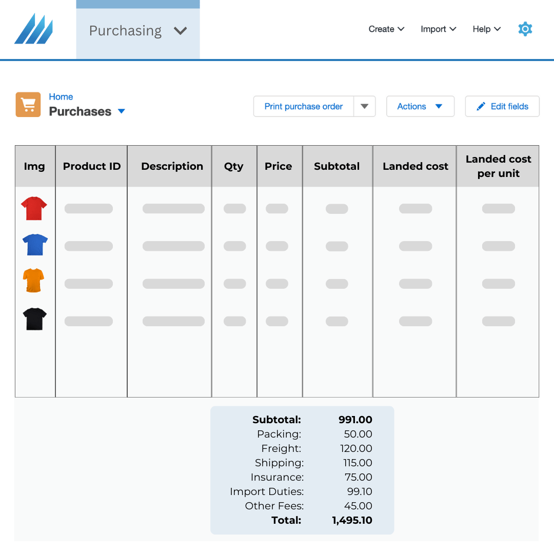 Landed costs, Clear financial visibility, purchasing screen Landed costs, Clear financial visibility, purchasing screen