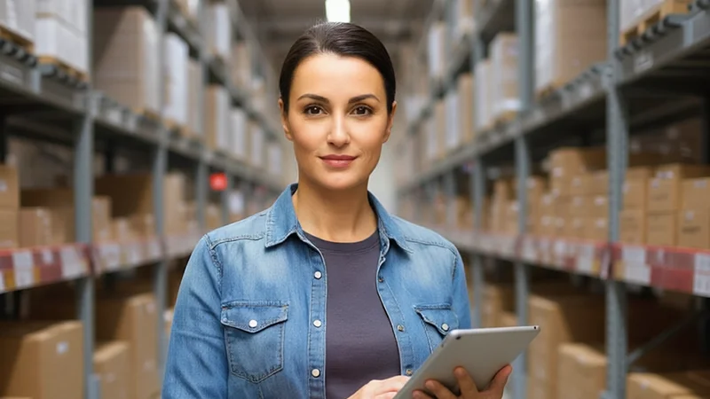 warehouse-software-featured_image Warehouse management system software shown as confident manager checks tablet inventory data beside scanner in tidy aisle