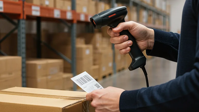 Barcode inventory system in action by a friendly expert scanning a barcode in a minimalist warehouse with one box and laptop
