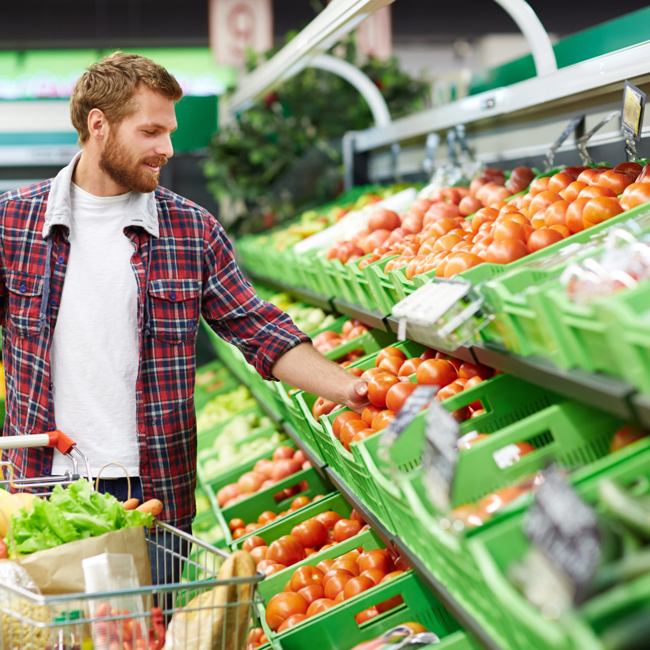 Handsome man with shopping trolley touching tomato in order to define its quality in fruit and vegetable department of supermarket